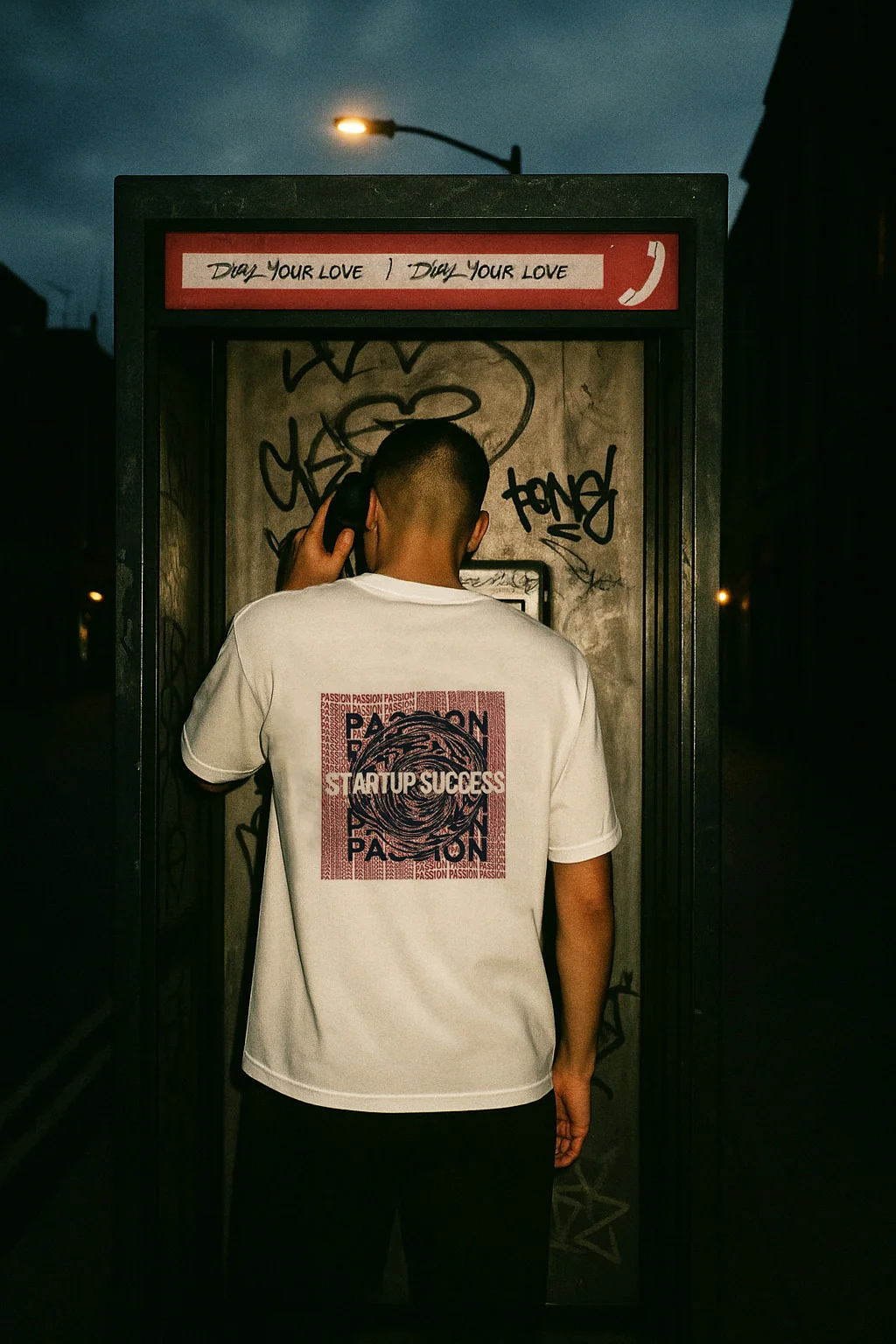 DripKit tee in a phone booth at dusk