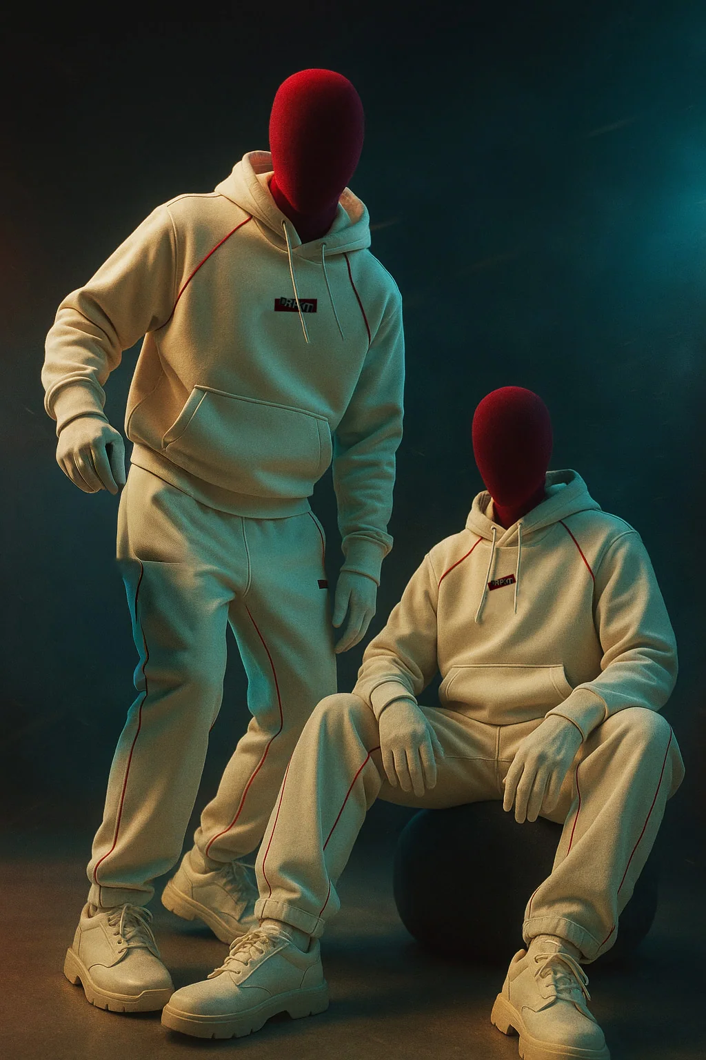 DripKit cream tracksuits, masked figures