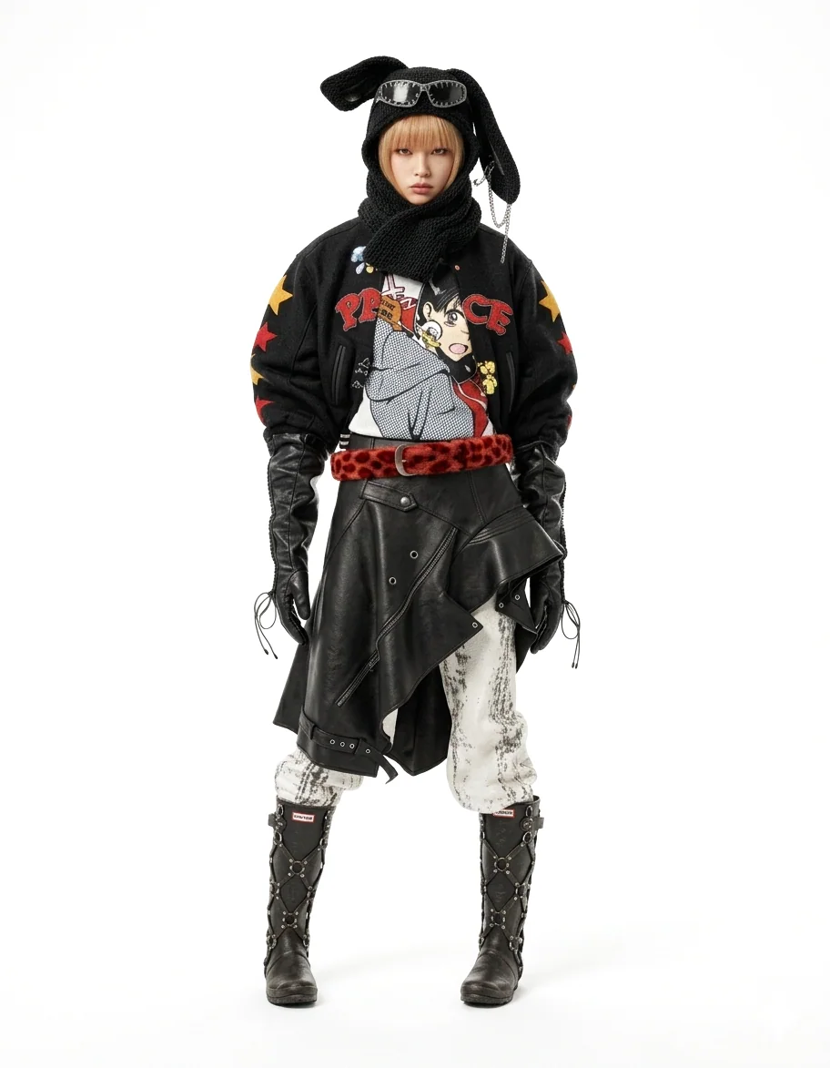 Styling concept, black outfit with knit rabbit hood