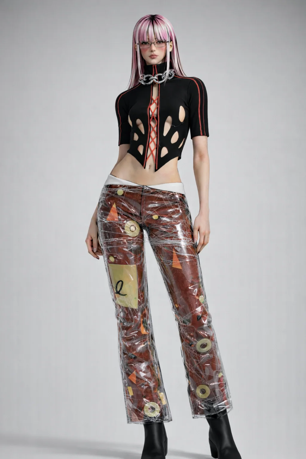 Own sketch rendered as an AI character in clear panelled trousers