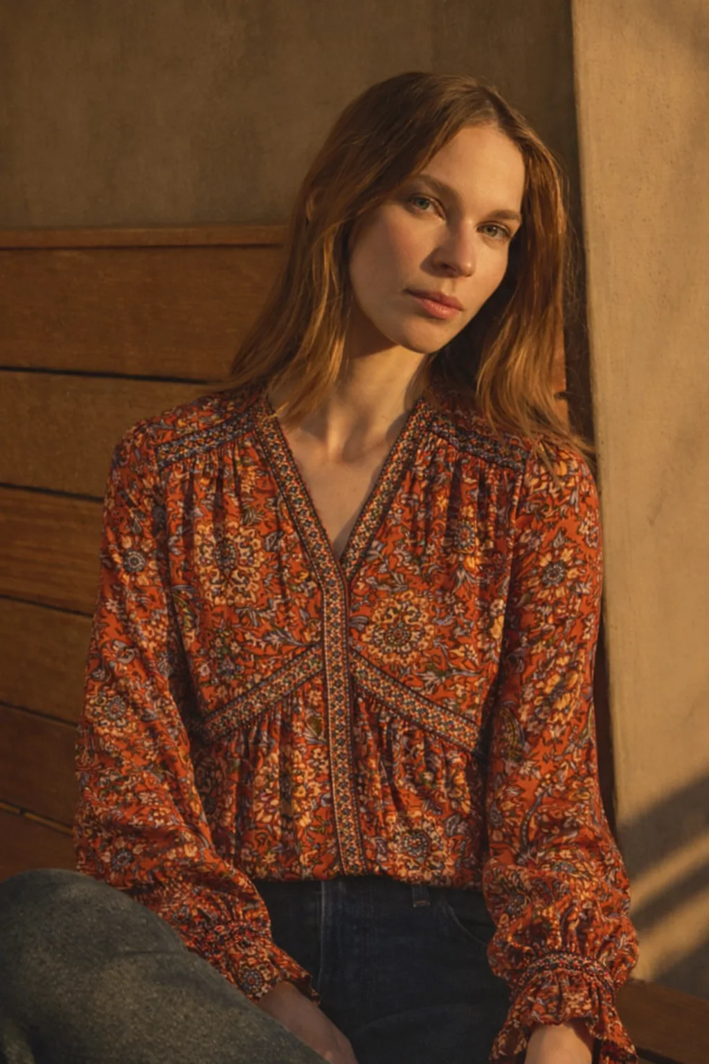 Velvet by Graham and Spencer printed blouse in warm light