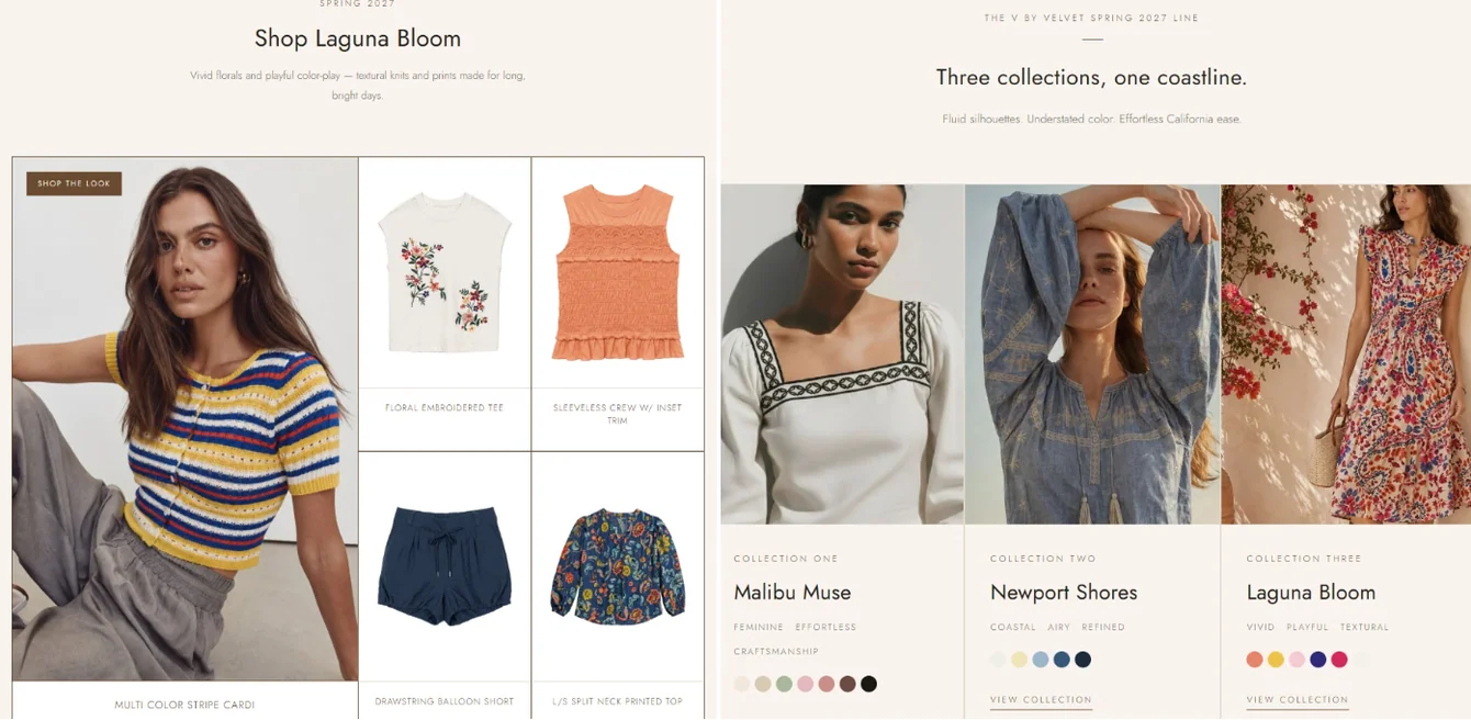 V by Velvet Spring 2027 site, three collections